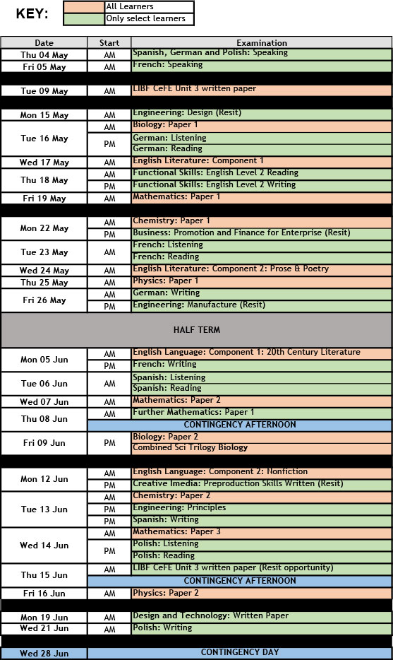 JCB Academy Exam Timetable